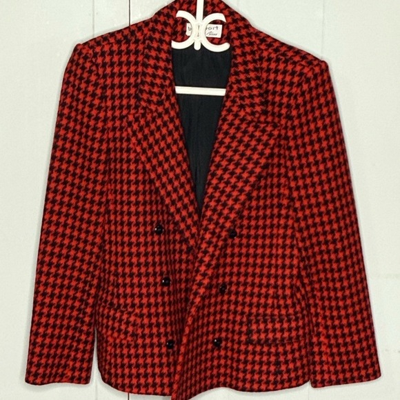 bill blass Jackets & Blazers - Blassport 80s Vintage Wool Red Houndstooth Women's Blazer Grannycore Academia